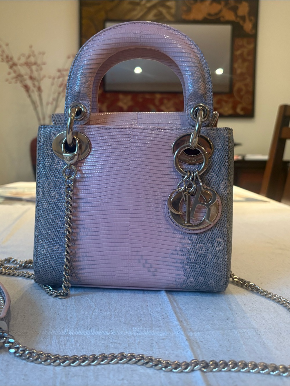 Dior Mini Tote in Pale Pink and Silver Lizard-Effect